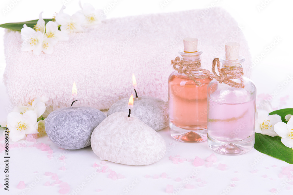 Spa composition with jasmine flowers isolated on white Spa composition with jasmine flowers isolated on white