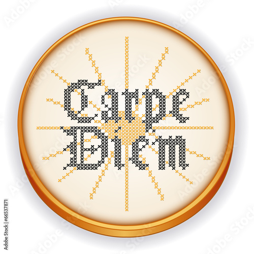 Carpe Diem Embroidery, cross stitch Gothic script, wood hoop