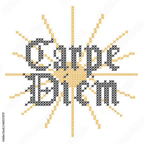 Embroidery, Carpe Diem in Gothic script cross stitch needlework