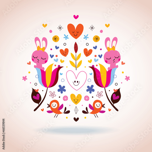 flowers, bunnies, hearts & birds illustration