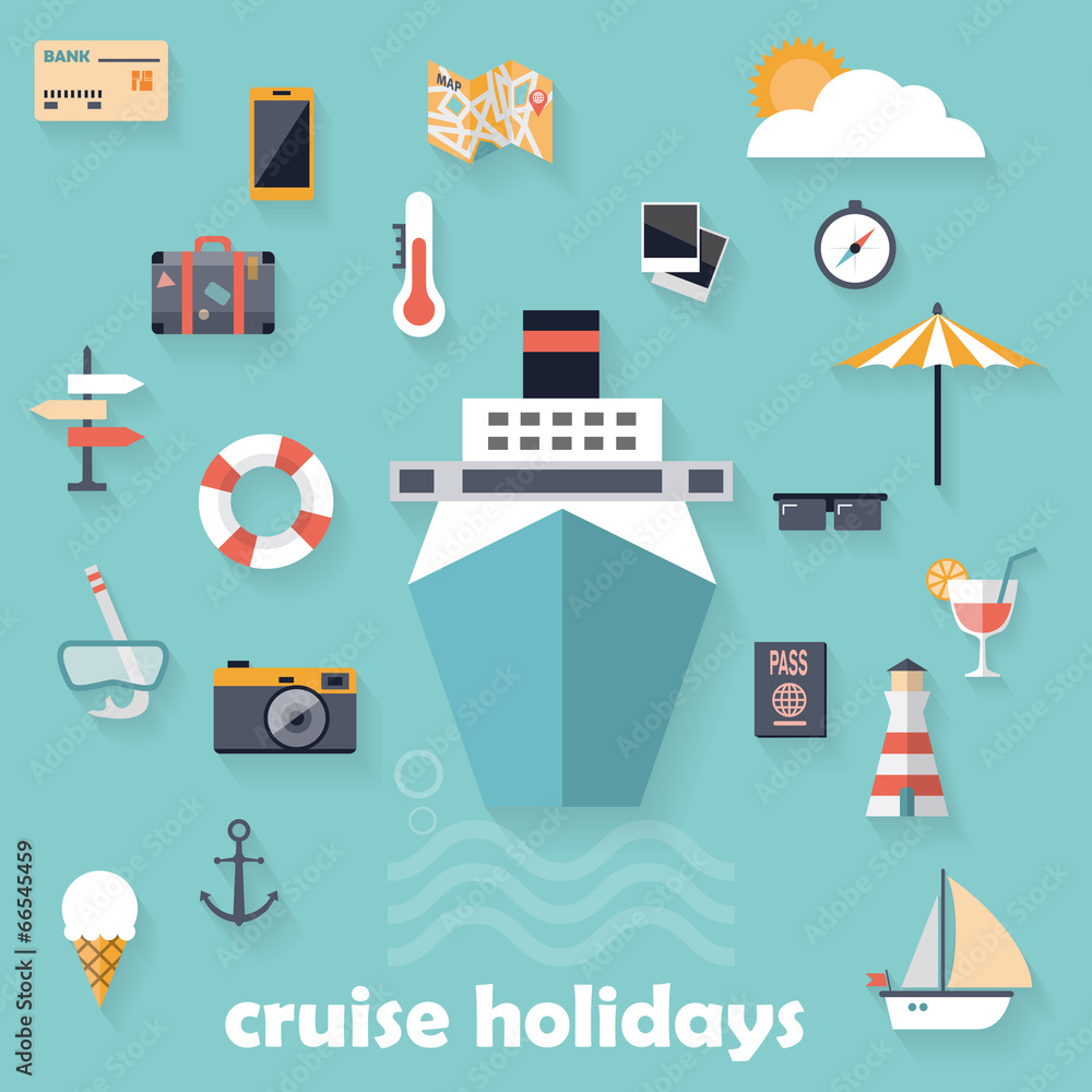 Flat design icons, cruise holidays background - obrazy, fototapety, plakaty 