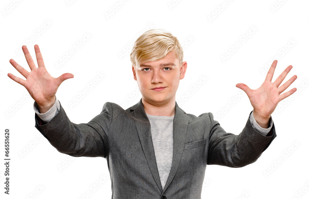 Portrait of happy smiling man showing ten fingers Portrait of happy smiling man showing ten fingers