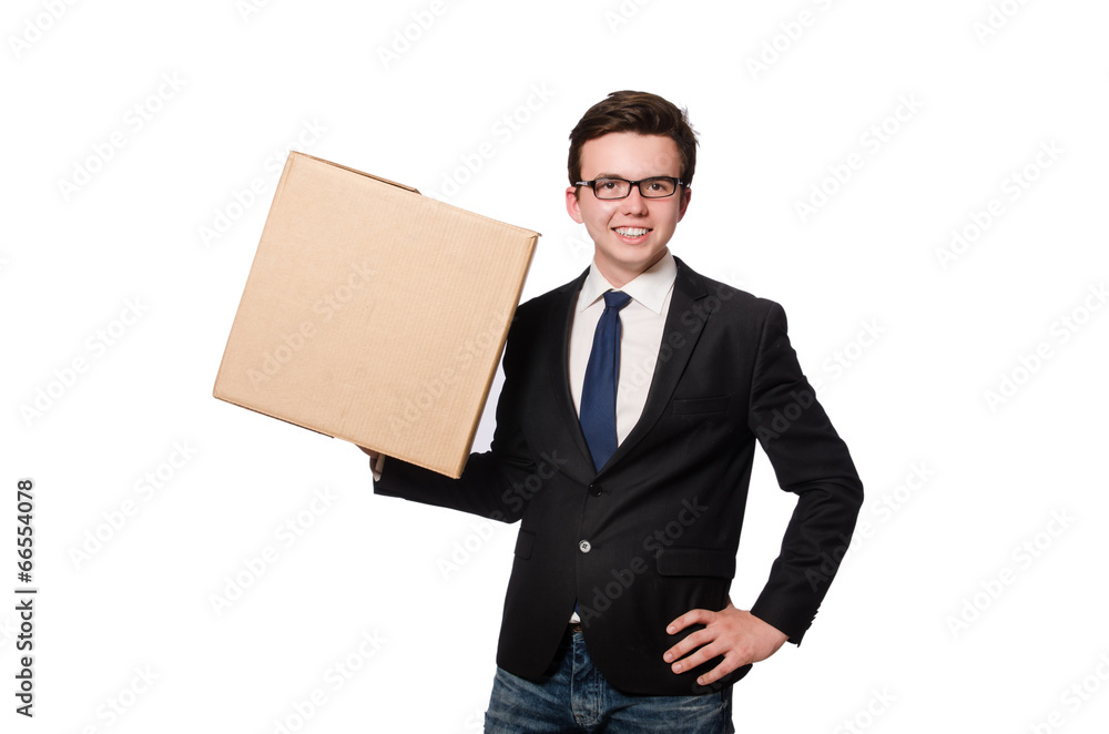 Funny man with boxes isolated on white Funny man with boxes isolated on white