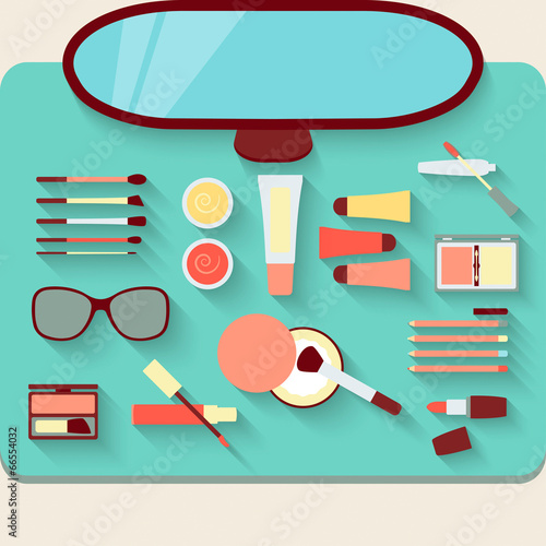 Dressing table with cosmetics. Top view