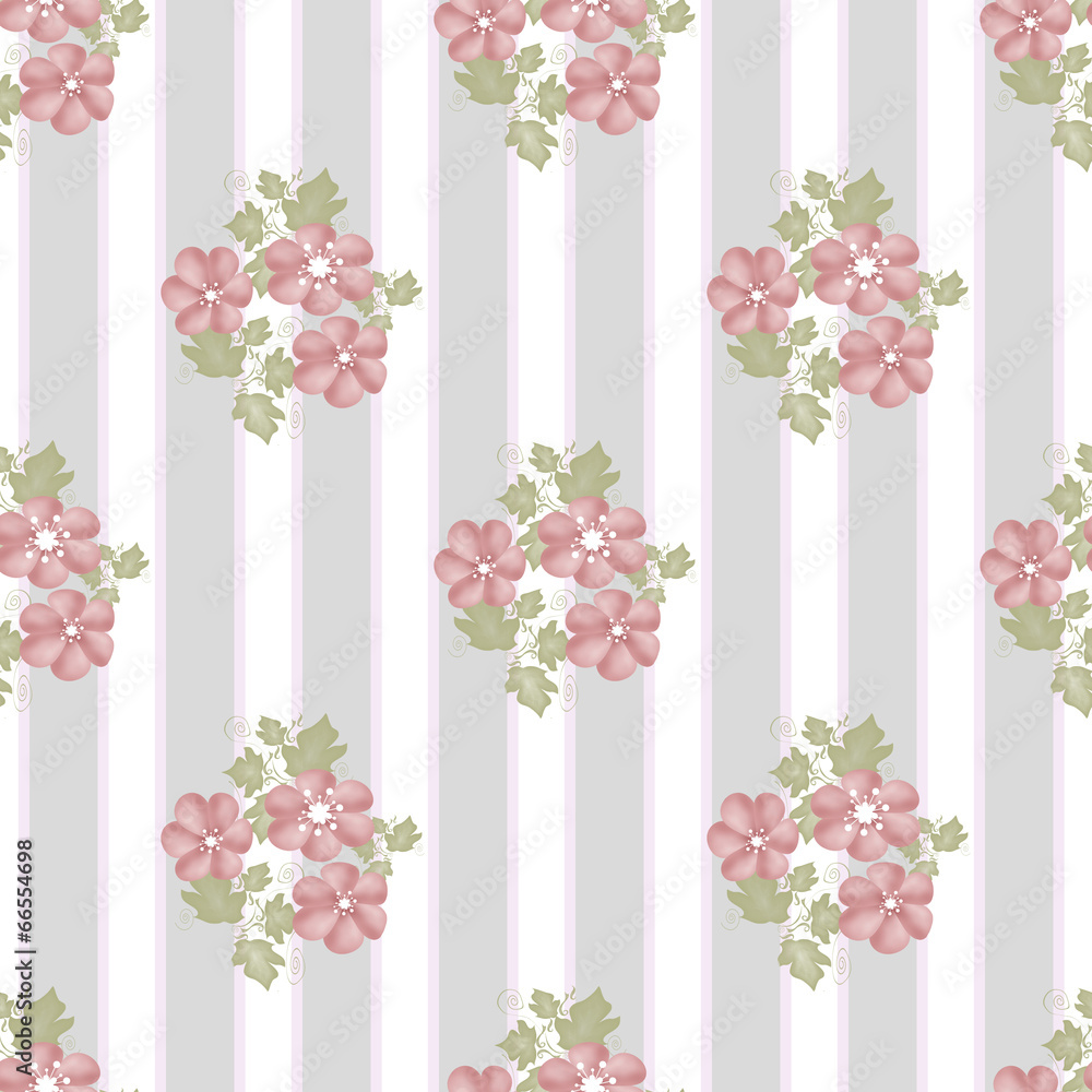 Obraz premium Pink flowers seamless pattern on striped
