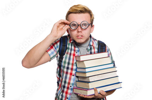 Funny student with stack of books