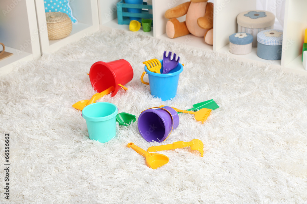 Colorful plastic toys in children room Colorful plastic toys in children room