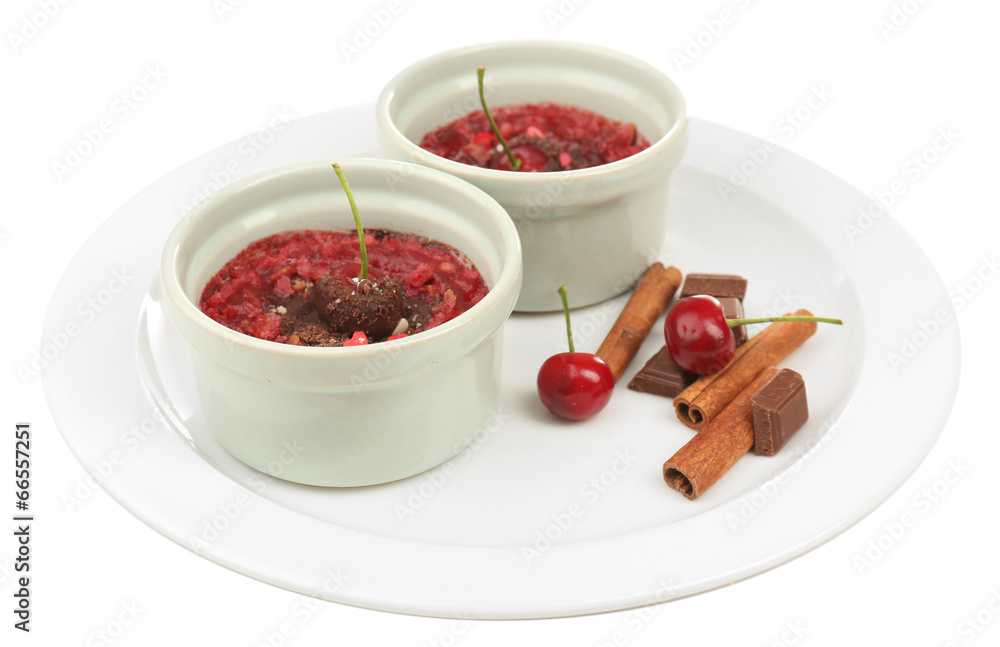 Tasty cherry dessert isolated on white Tasty cherry dessert isolated on white