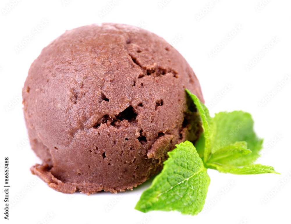Chocolate ice cream with mint leaf, isolated on white Chocolate ice cream with mint leaf, isolated on white