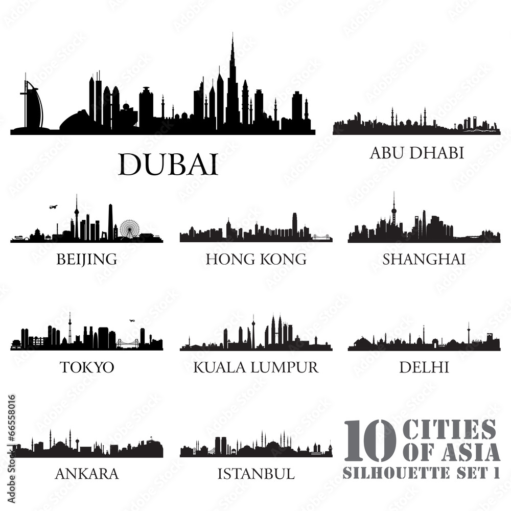 Fototapeta premium Zestaw sylwetki miast panoramę. 10 miast Azji # 1