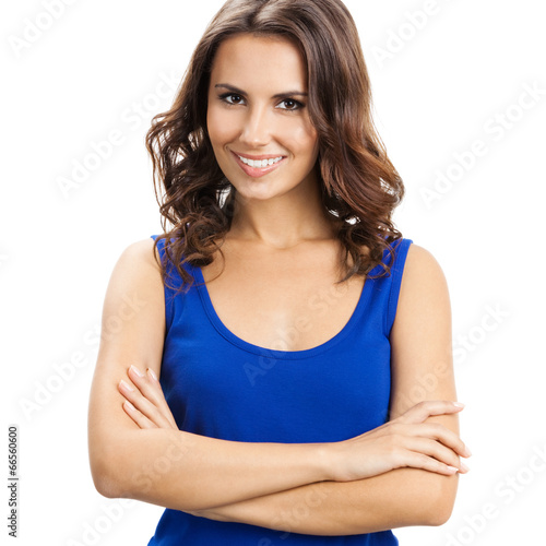 Happy smiling young woman, over white