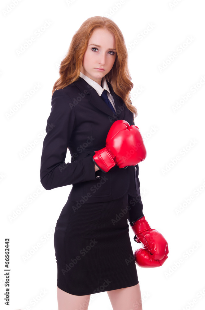 Woman businesswoman with boxing gloves on white Woman businesswoman with boxing gloves on white