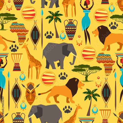 African ethnic seamless pattern with stylized icons.