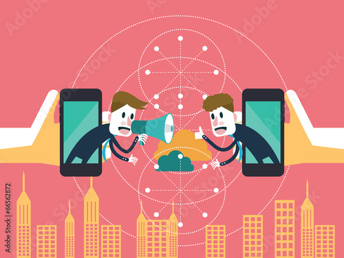 Two businessmen communicate on mobile cloud.