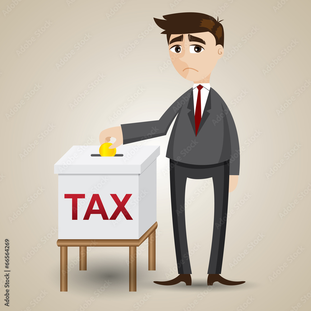 cartoon businessman drop gold coin in tax box cartoon businessman drop gold coin in tax box