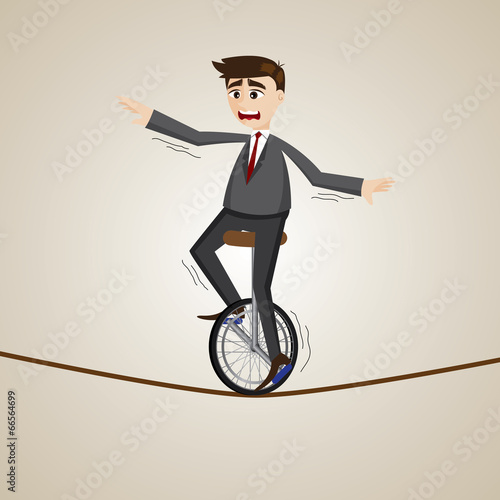 cartoon businessman riding unicycle on rope