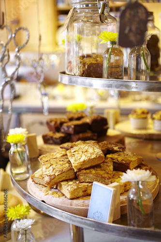 close up almond muffin in coffee shop