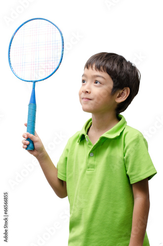 Little boy holding badminton racket for play