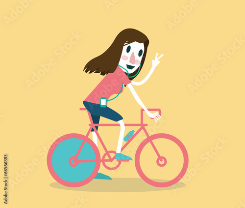 Fototapeta Naklejka Na Ścianę i Meble -  Young girl riding a bike. flat vector illustration