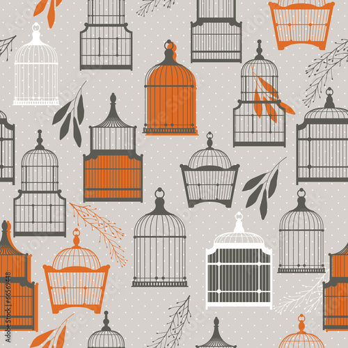 Vintage birds and birdcages collection. Pattern. Wallpaper.