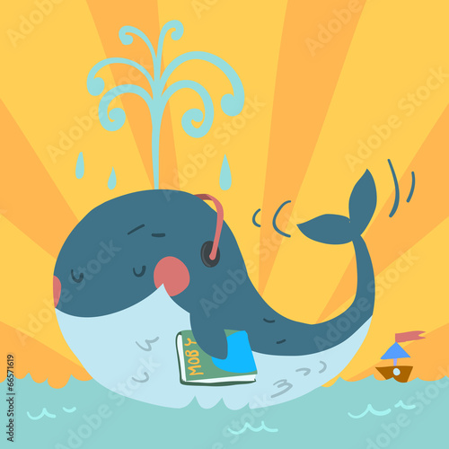 Vector cartoon cute blue whale.