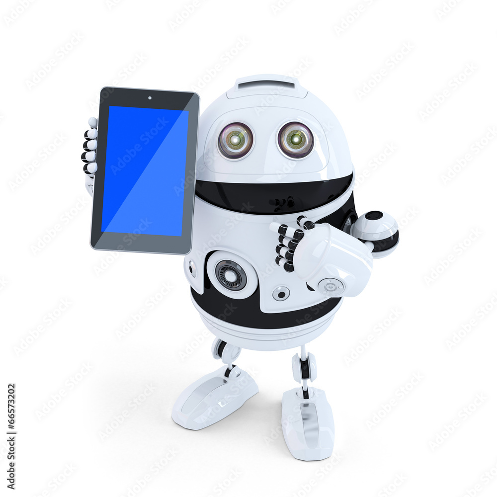 Robot Holding A Tablet. Isolated. Contains clipping path Robot Holding A Tablet. Isolated. Contains clipping path