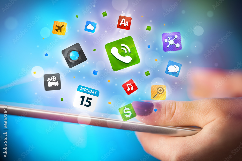 Hand touching tablet pc, social network concept Hand touching tablet pc, social network concept
