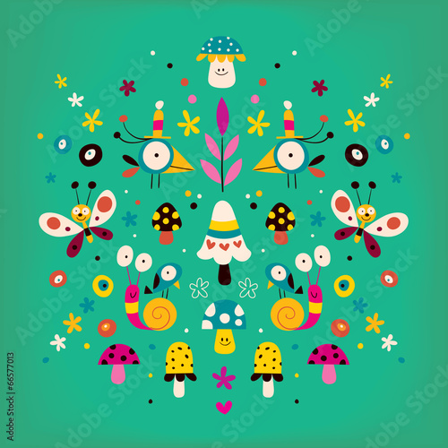 flowers birds snails butterflies mushrooms nature illustration