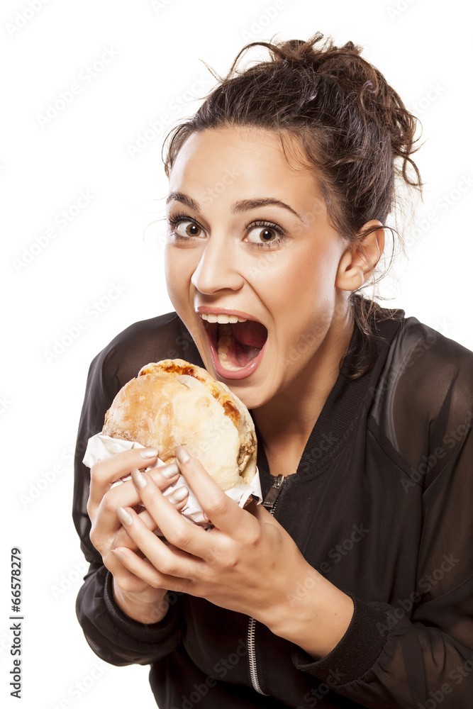 beautiful girl eagerly looking at her sandwich beautiful girl eagerly looking at her sandwich