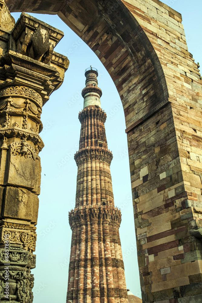 Qutub Minar Tower or Qutb Minar, the tallest brick minaret in th