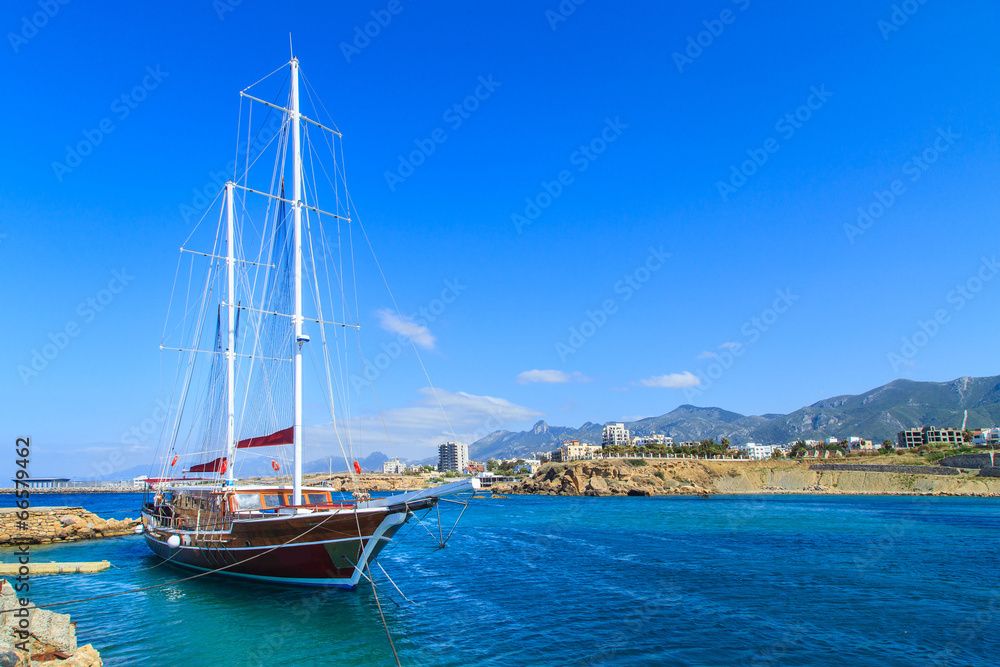 Sailing ship in Kyrenia (Girne) port, Cyprus Sailing ship in Kyrenia (Girne) port, Cyprus