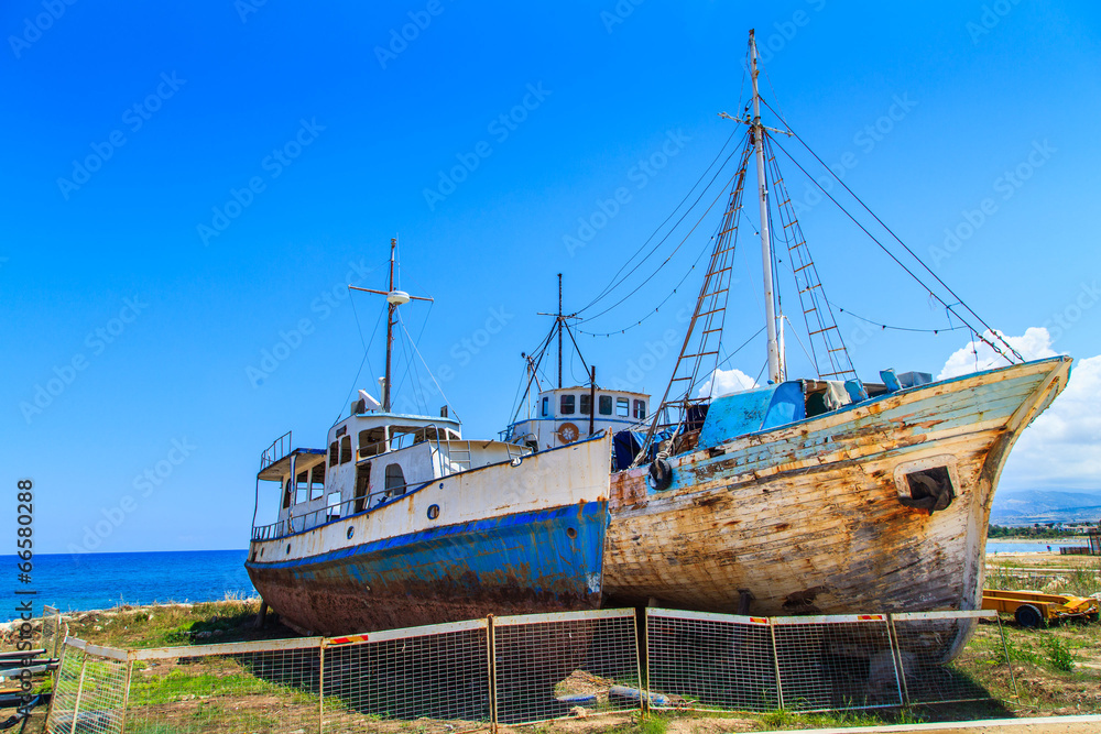 Trawlers at the entrance to the port in Latsi, Polis Cyprus