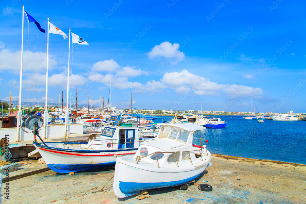 Fishing boats in a port in Pafos, Cyprus Fishing boats in a port in Pafos, Cyprus