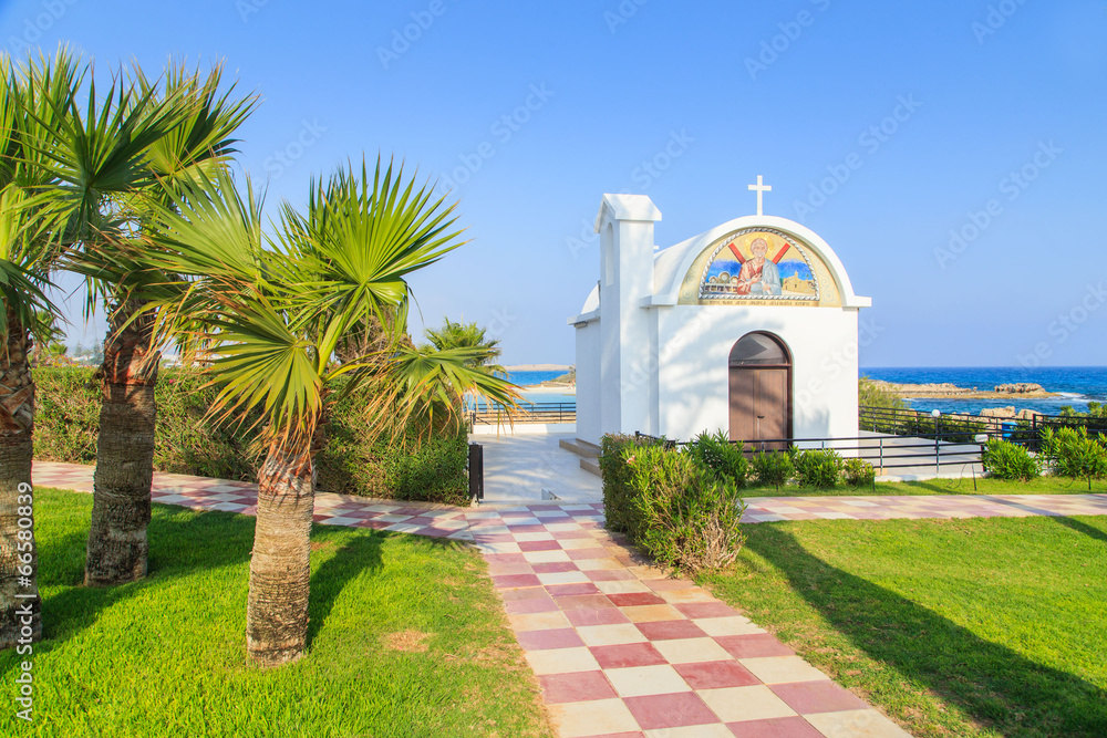 Obraz premium White church near the beach in Aia Napa, Cyprus