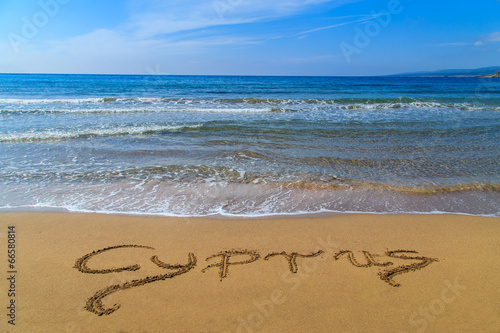Cyprus written on sandy Golden Beach near Polis, Cyprus