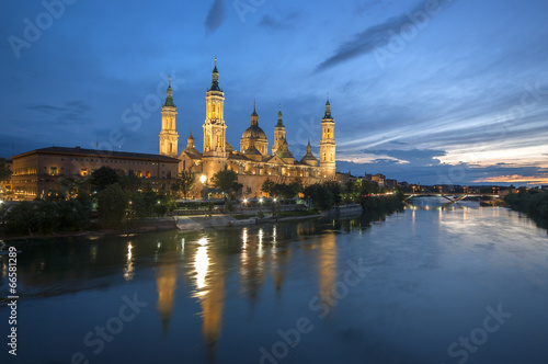 Our Lady of the Pillar Basilica in night view.Zaragoza.Spain