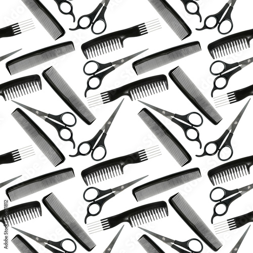 Seamless pattern of black-and-white hair-dressing tools