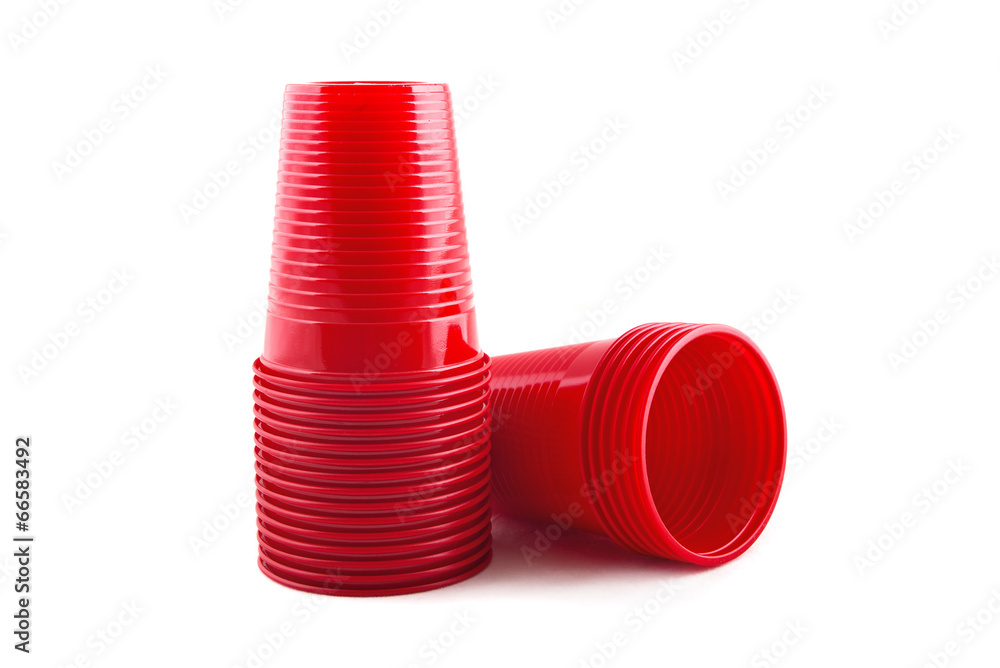 Plastic red cups stack on white background Plastic red cups stack on white background