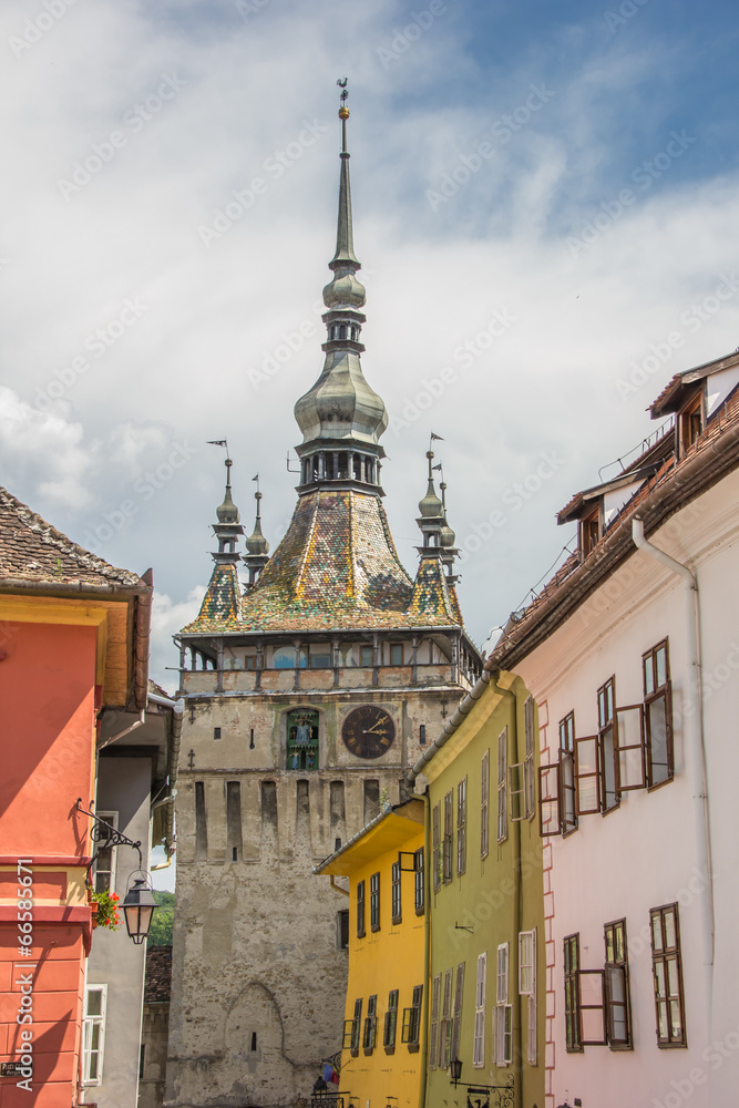 Clock tower and colorful houses in Sighisoara