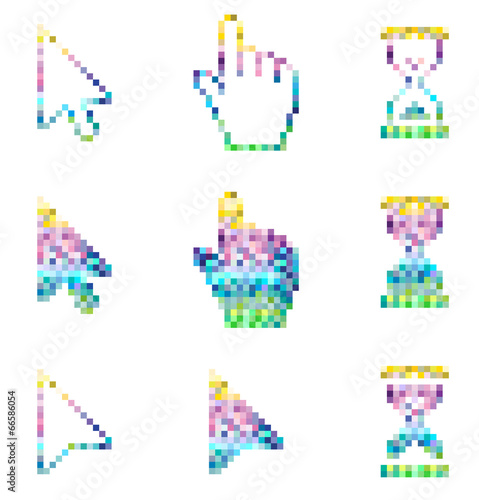 Pixel cursors icons- mouse hand arrow hourglass. © stanok