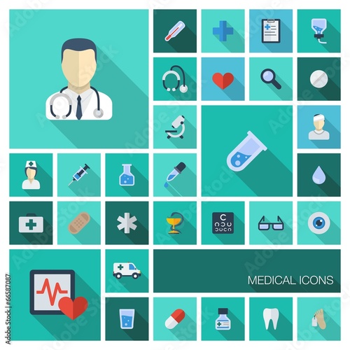Vector flat colored medicine icons with long shadows