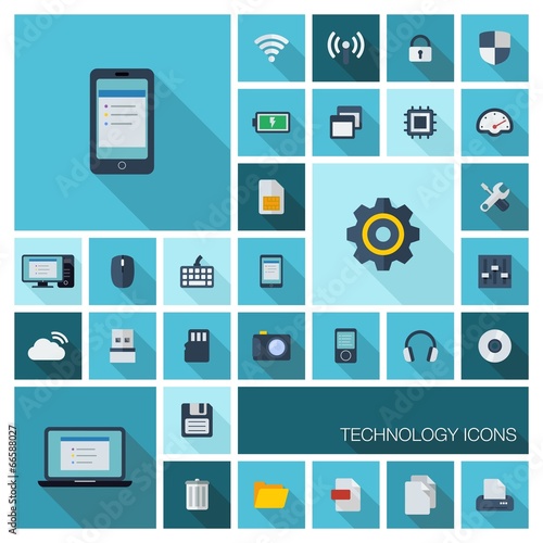 Vector flat colored technology icons with long shadows