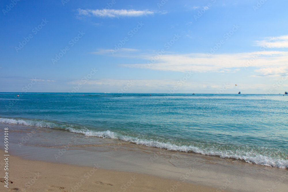 Color DSLR image of sunrise on South Beach, Miami, Florida; horizontal with copy space for text