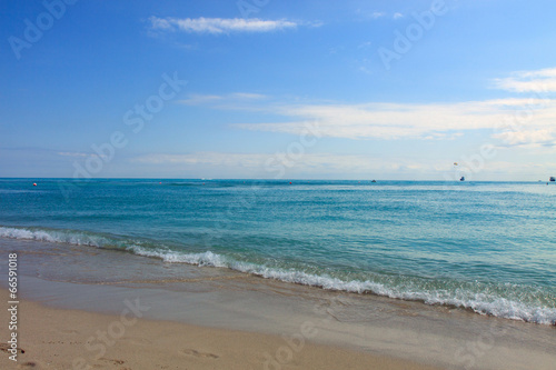 Color DSLR image of sunrise on South Beach, Miami, Florida; horizontal with copy space for text