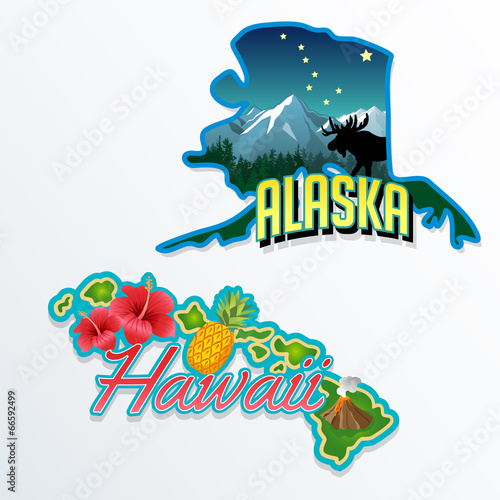 Alaska Hawaii retro state facts illustrations photo