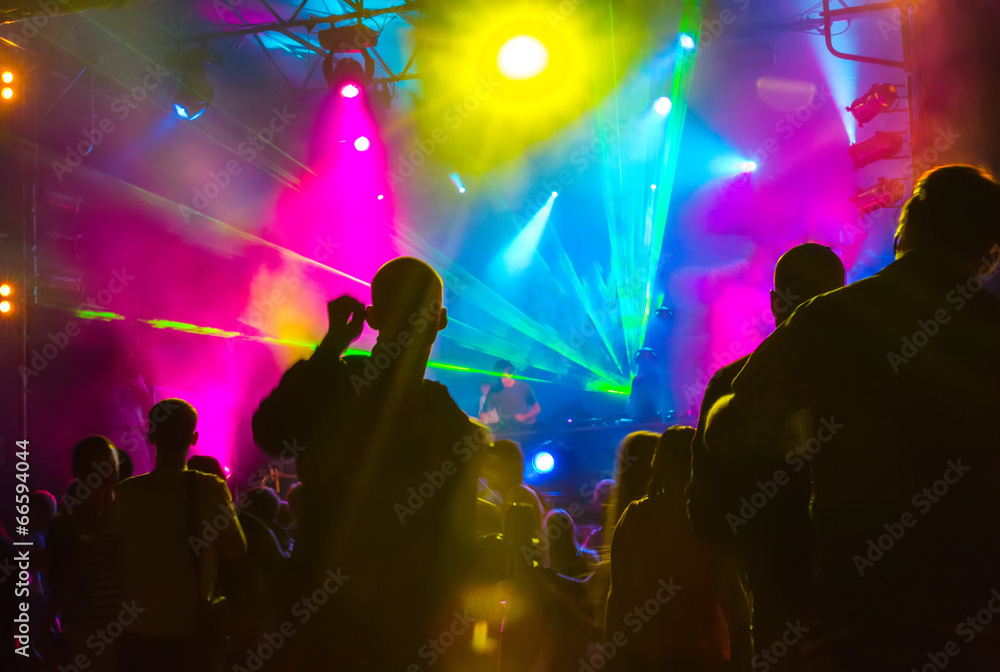 Crowd Silhouettes and Illumination in a Nightclub. - obrazy, fototapety, plakaty 
