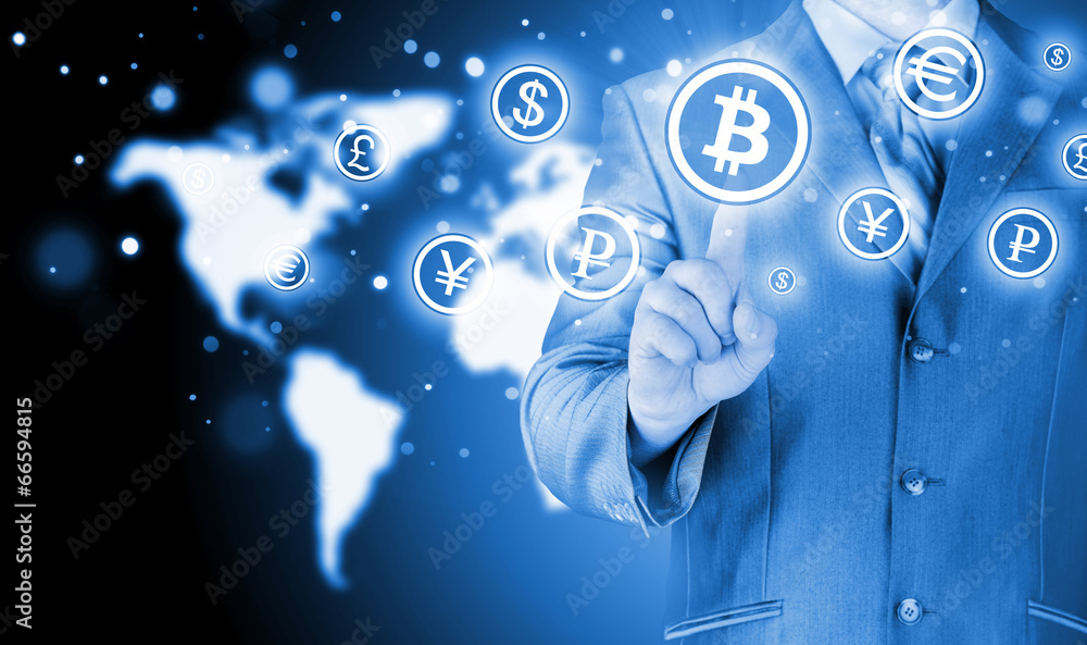 Choosing bitcoins, businessman pressing touch screen button. Choosing bitcoins, businessman pressing touch screen button.