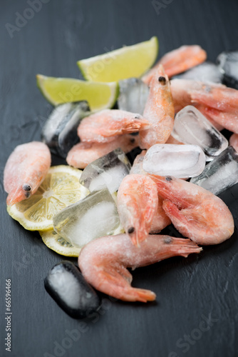 Frozen shrimps on ice cubes, close-up, vertical shot
