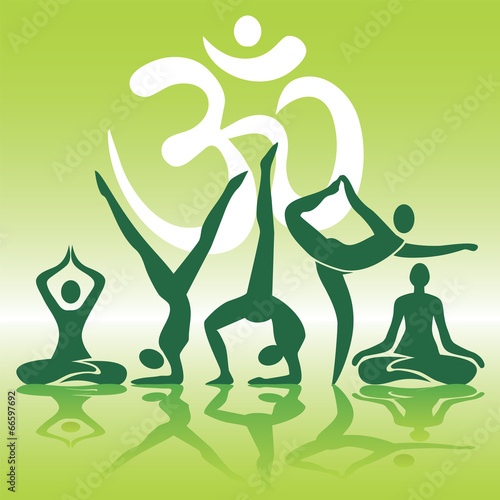 Yoga positions silhouettes on green background
