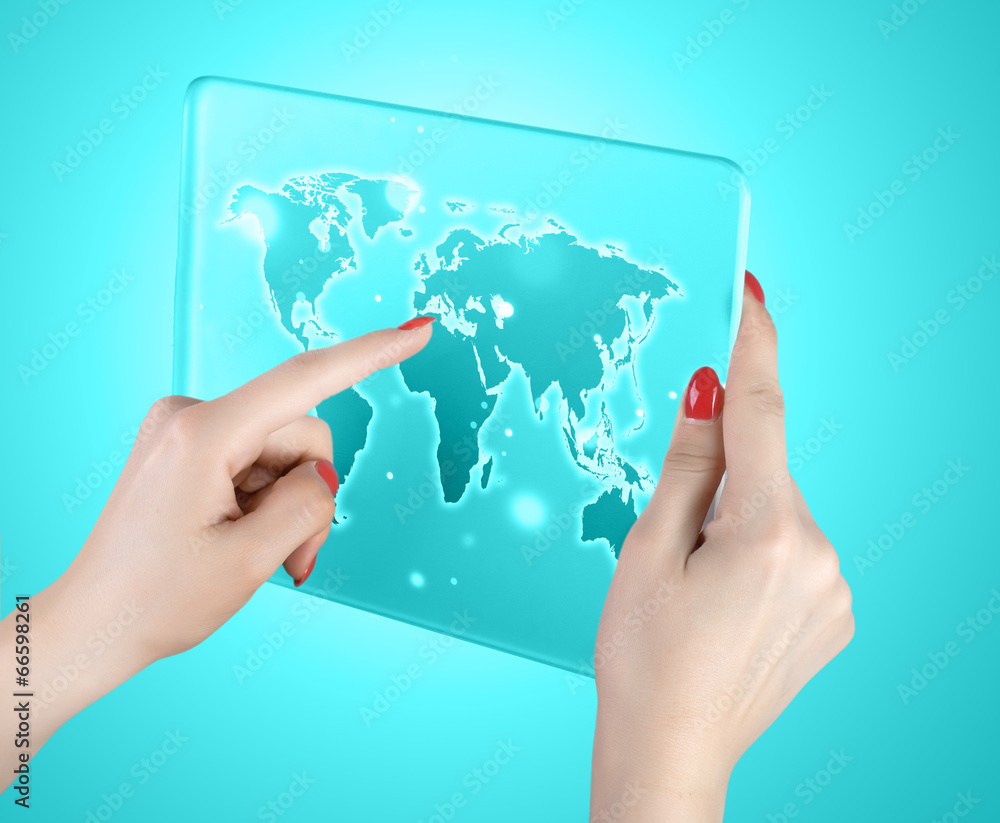 woman hand touch world map and connection